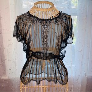 Black sheer hand-beaded short sleeve Pinky shirt